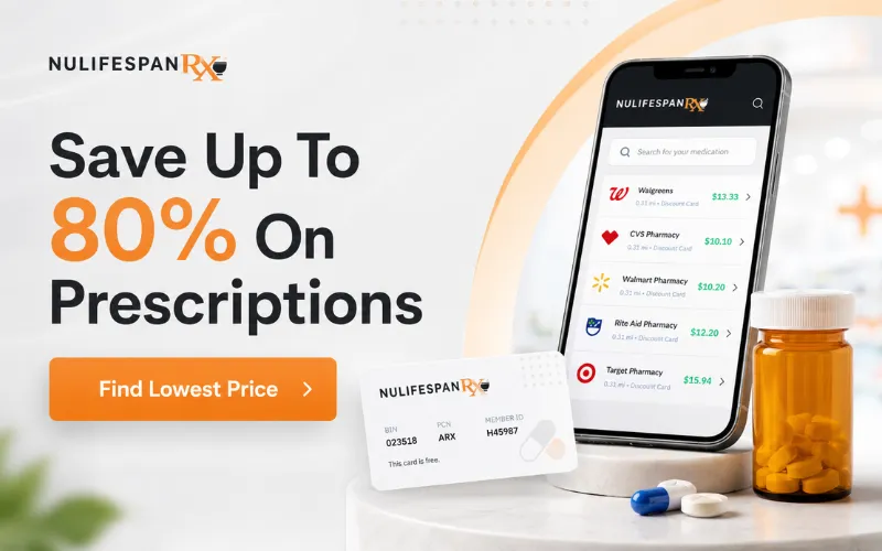NuLifeSpan Rx prescription price lookup showing discounted cash prices at nearby pharmacies