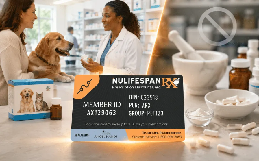 Compounded pet medication bottle beside a manufactured human drug package