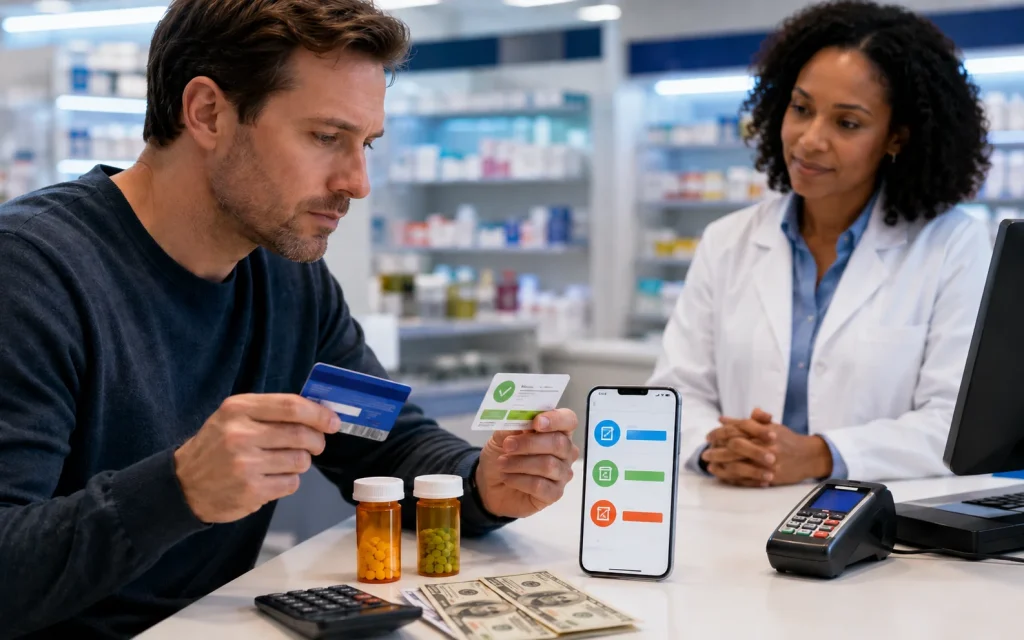 Customer comparing an insurance card, prescription discount card, cash, and digital medication prices at a pharmacy counter.
