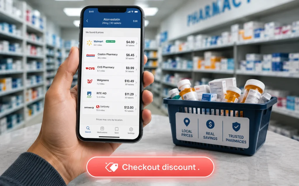 Customer using a smartphone to compare prescription prices across multiple pharmacies with a glowing discount button.