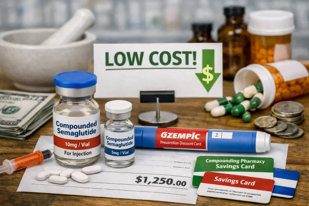 Compounded semaglutide vials and syringe near low cost sign and savings cards.