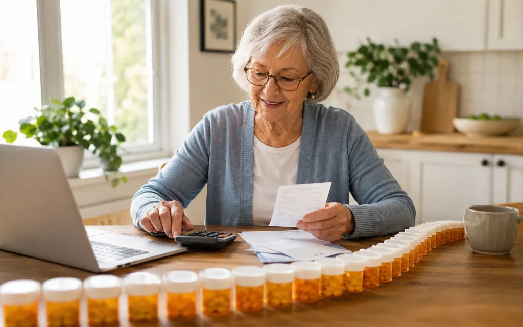 Senior woman calculating prescription expenses beside medication bottles