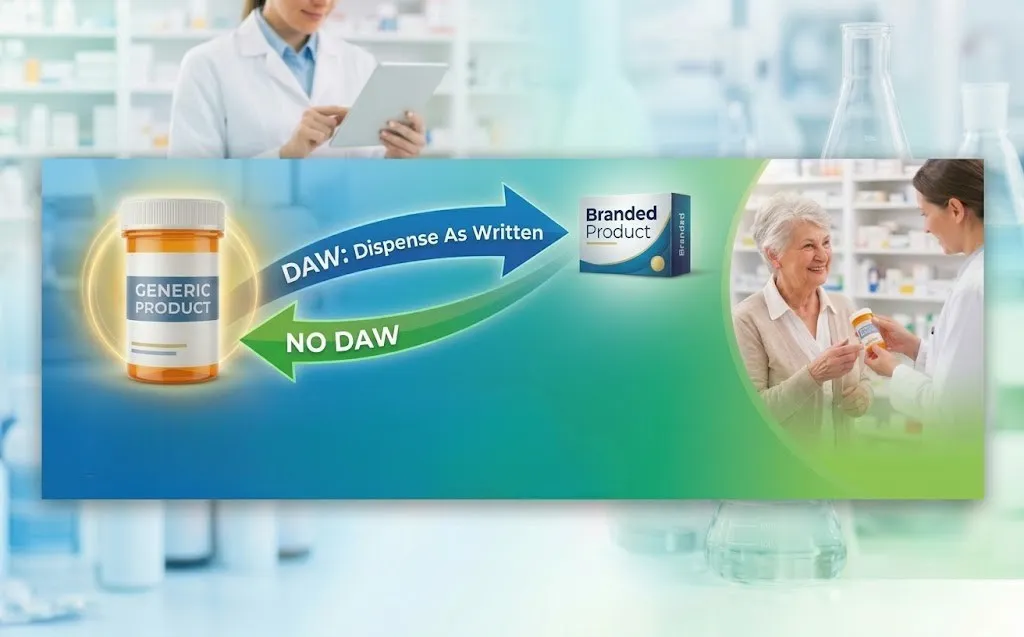Diagram comparing DAW branded prescriptions with generic medication substitution.