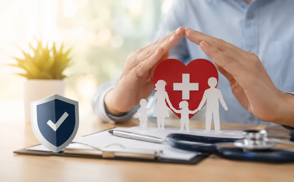 Family health insurance protection represented by a medical heart, shield, and healthcare professional.
