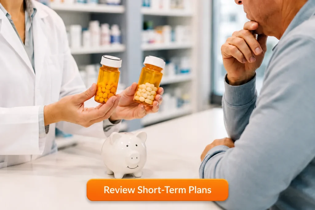 Pharmacist comparing brand-name and generic prescription options with a patient to explain how DAW affects cash prices.