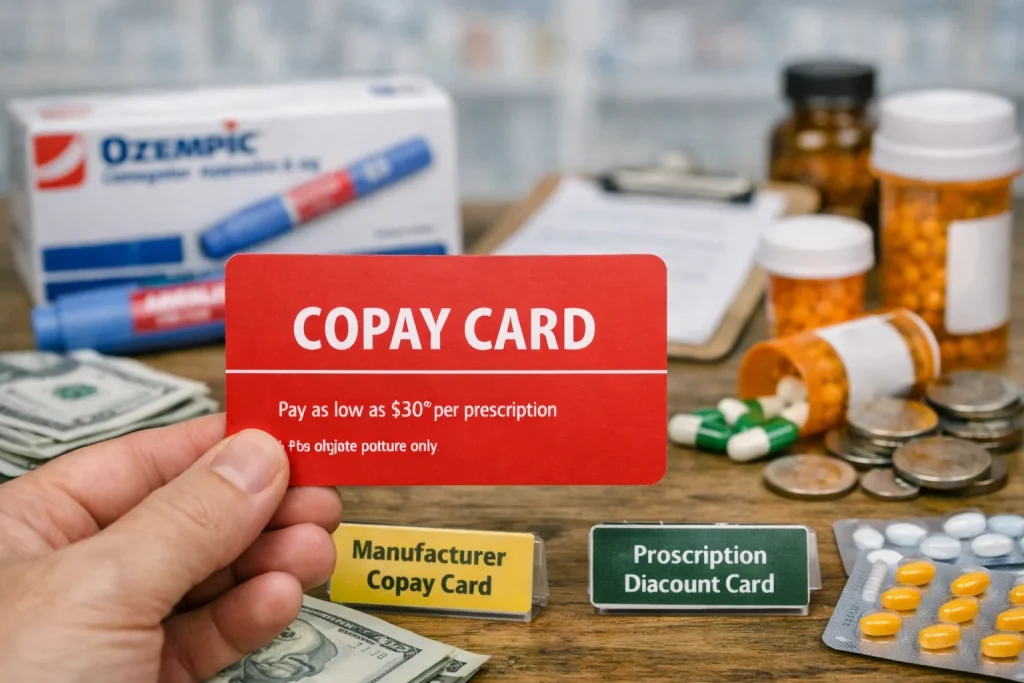 Hand holding a red card near medication, money, and pills on a pharmacy counter