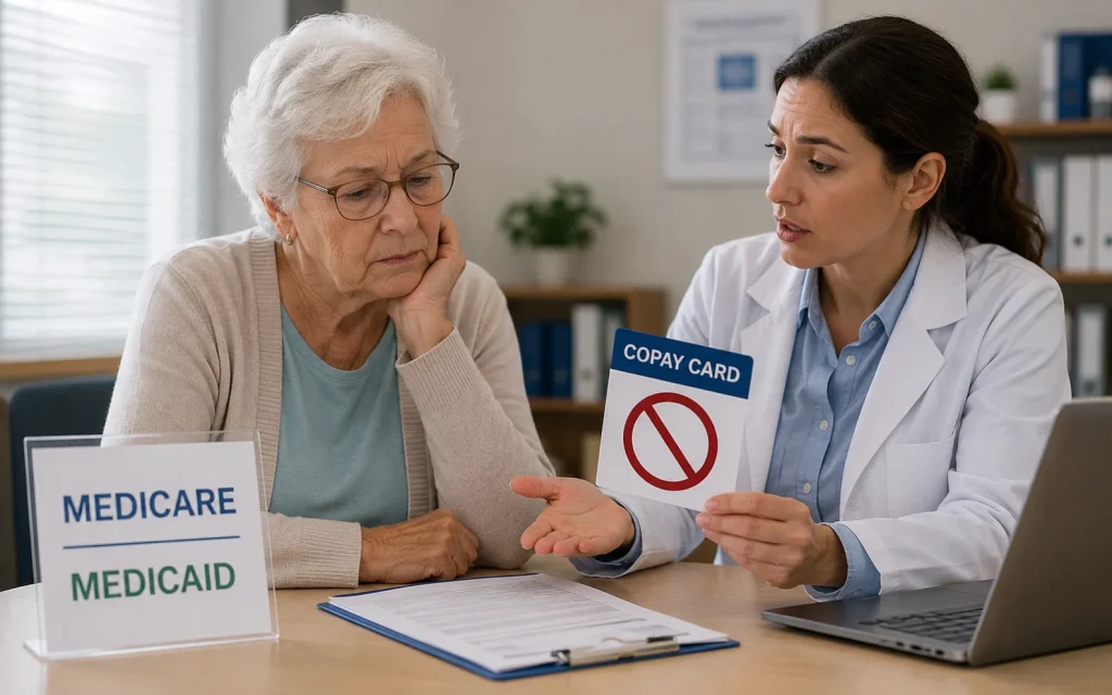 Healthcare advisor explaining copay card restrictions to an older Medicare or Medicaid patient.