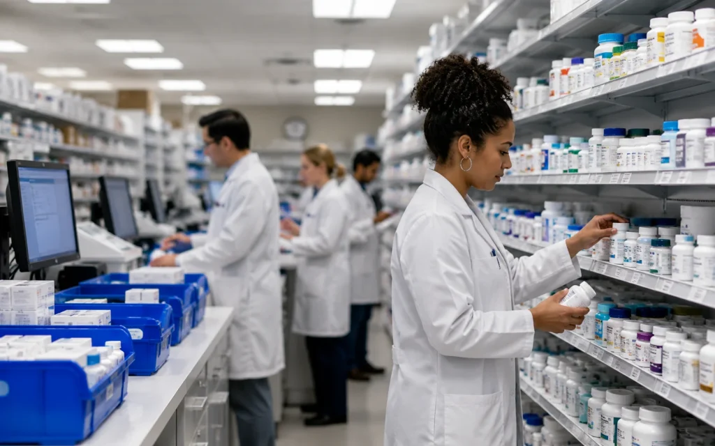 Busy pharmacy team organizing and processing medications.