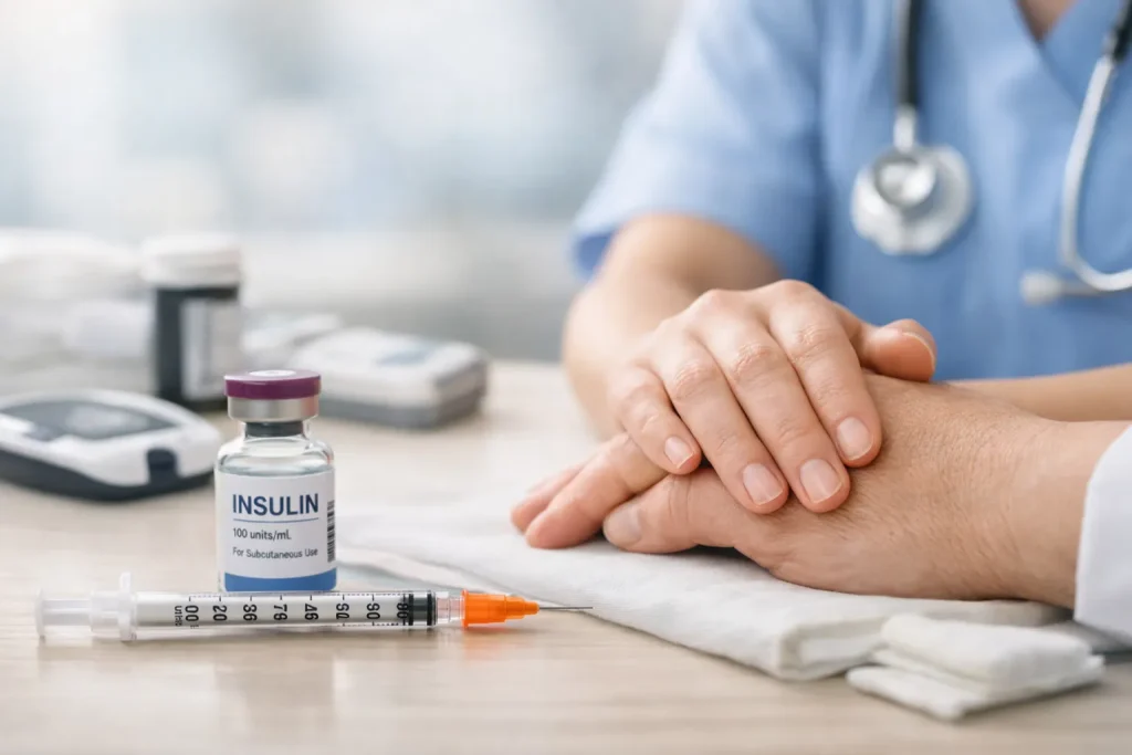 Healthcare professional reassuring a patient beside an insulin vial and syringe, emphasizing the importance of never rationing insulin.