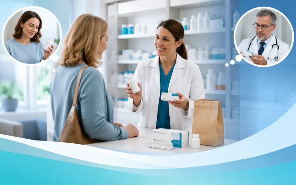 Pharmacist discussing prescription medication options with a patient while consulting with a doctor.