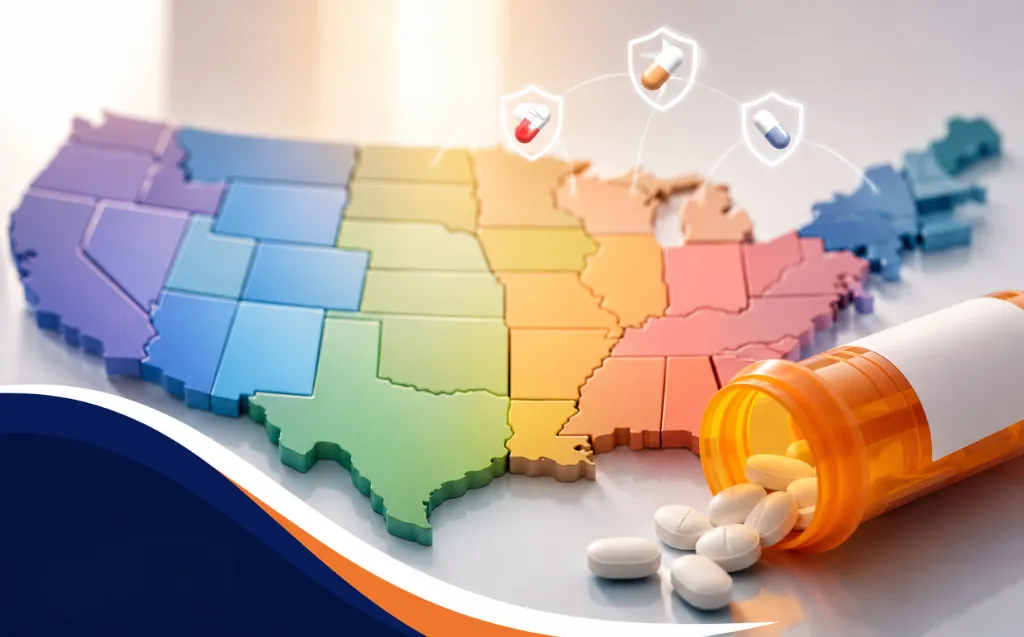 U.S. map illustrating prescription drug coverage and medication access.