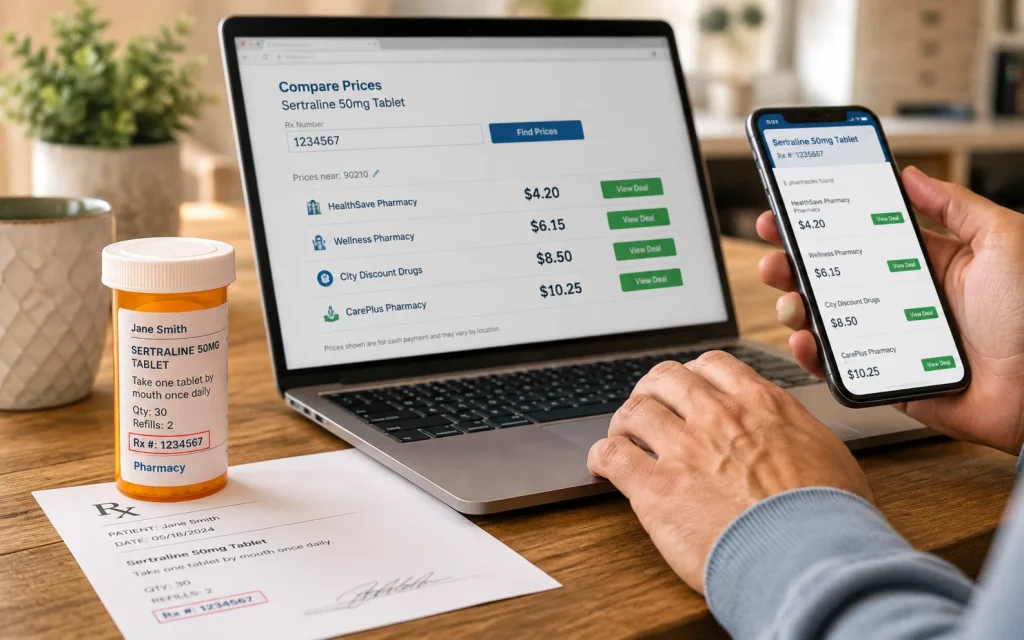 Person using a prescription number to compare medication prices