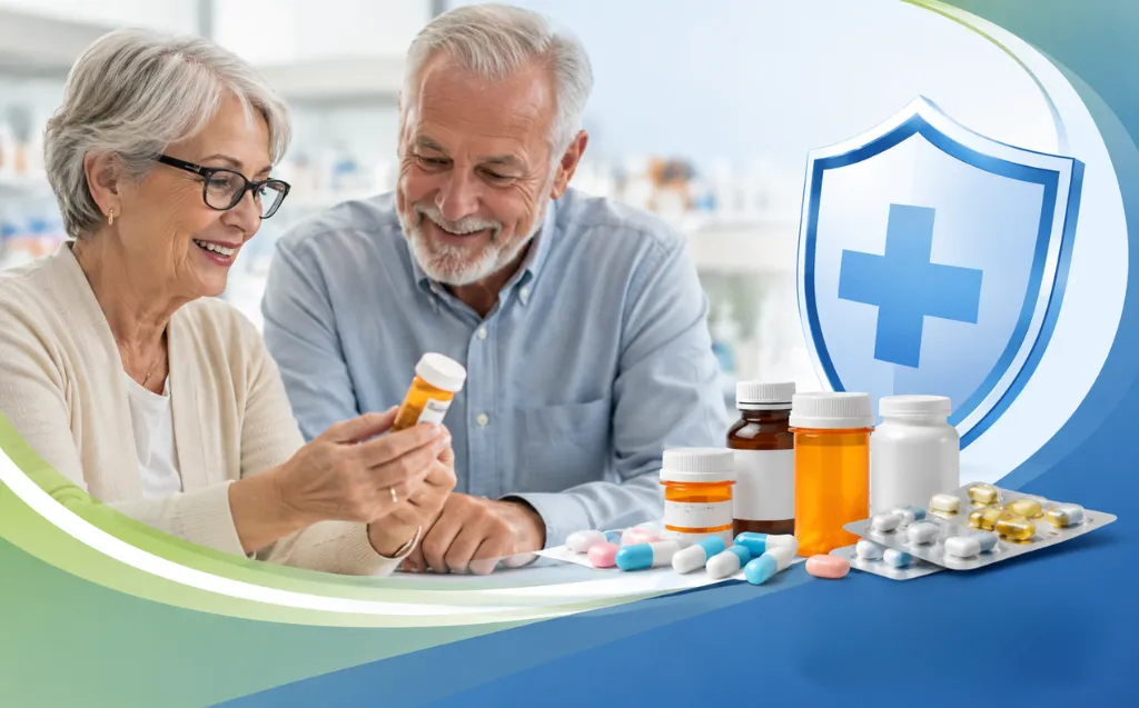 Senior couple reviewing prescription medication with a healthcare protection symbol.