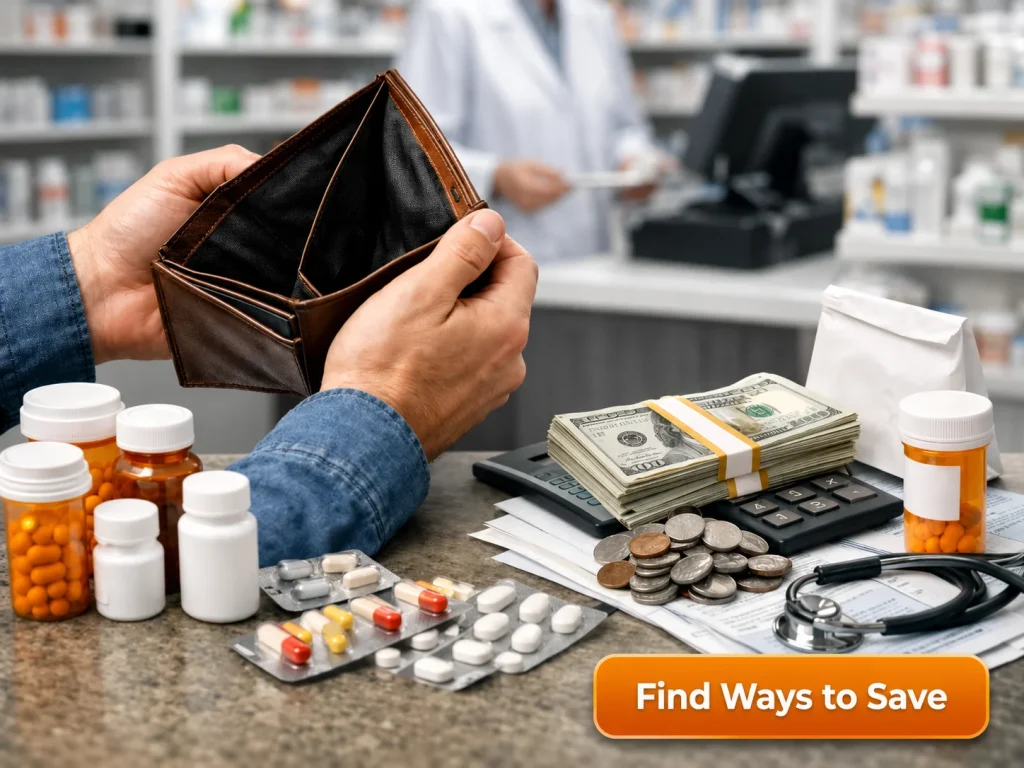 Empty wallet beside medicines and bills at a pharmacy counter.