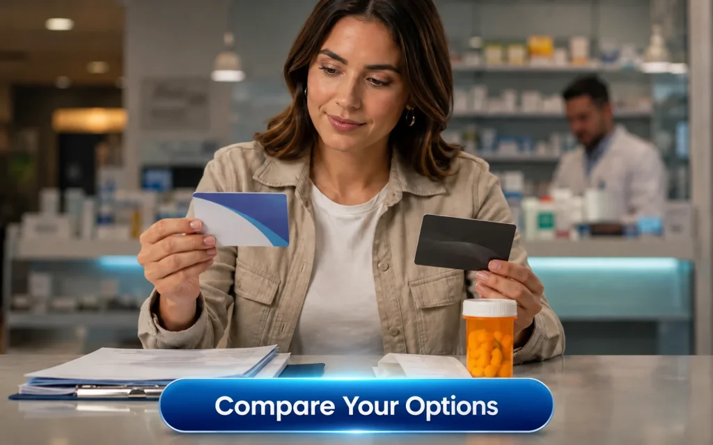 Woman at a pharmacy counter comparing two payment cards beside prescription paperwork and a medication bottle, illustrating the difference between supplementing insurance and replacing it.