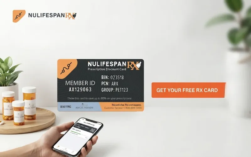 Hand holding a NuLifeSpanRx prescription discount card in a pharmacy with a healthcare professional nearby.