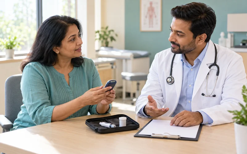 Doctor and patient discuss glucose testing