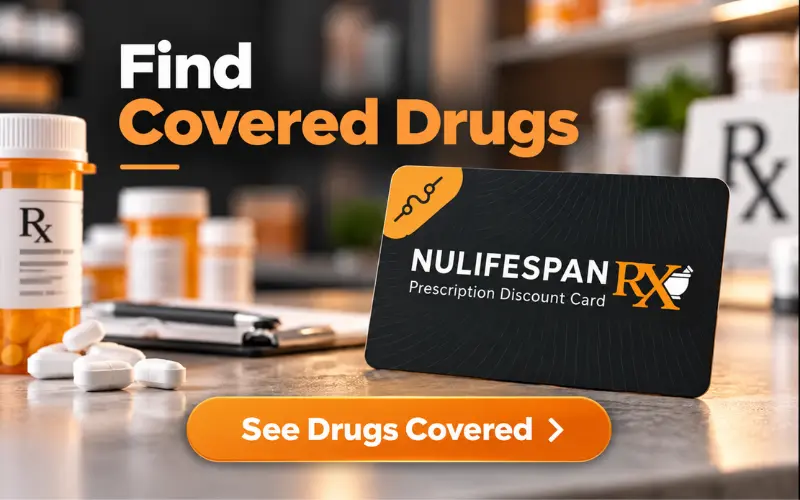 NuLifeSpan RX prescription discount card with medication bottles and pills
