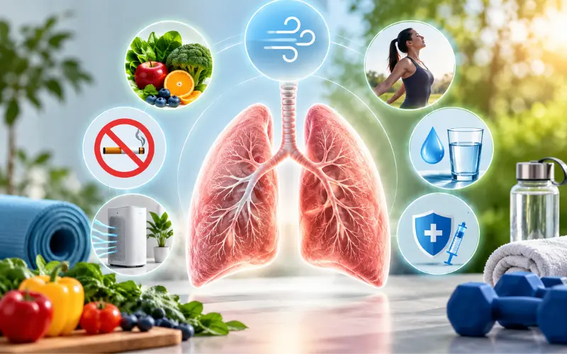 Healthy lungs surrounded by illustrations of exercise, nutritious foods, clean air, hydration, and smoking prevention.