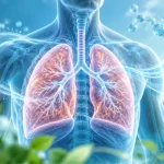 Medical illustration of healthy human lungs, airways, and respiratory system showing lung anatomy.