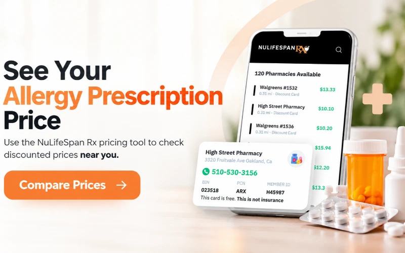 NuLifeSpan Rx allergy prescription price comparison tool showing discounted pharmacy prices with a Compare Prices button. Is this conversation helpful so far?