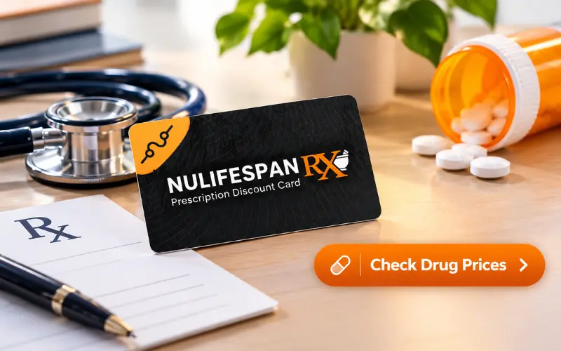 NuLifeSpan Rx prescription discount card with a “Check Drug Prices” call-to-action.