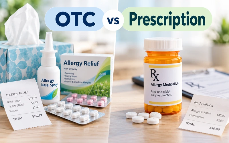 Comparison of OTC and prescription allergy medications with nasal spray, tablets, medicine bottles, and prices.