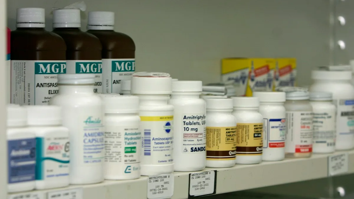 Pharmacy shelf stocked with prescription medication bottles