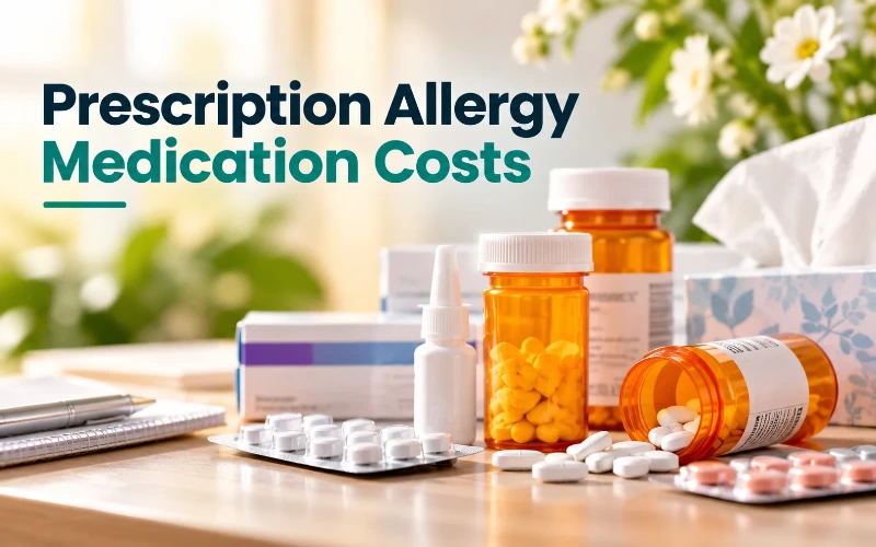 Prescription allergy medication costs with pill bottles, nasal spray, tablets, and seasonal allergy relief products.