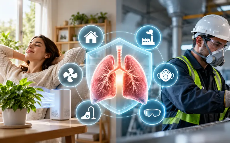 Protecting lung health at home and work through clean indoor air, air filtration, proper ventilation, and respiratory safety equipment.