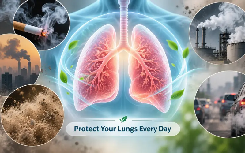 Common causes of lung damage, including smoking, air pollution, industrial emissions, dust, and vehicle exhaust.